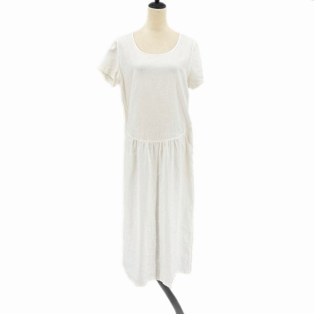 Vivid 100% Linen White Short Sleeve Midi Scoop Neck Relaxed Fit Basic Dress